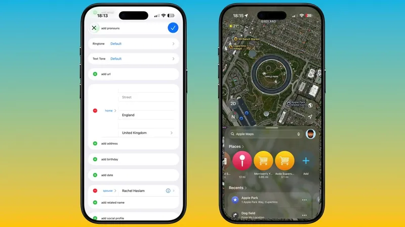 Two smartphones side by side; left shows a settings-style screen with lists and colored icons, right displays a satellite map with a circular route around a park and location markers