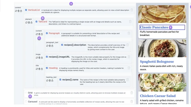 Design tool interface showing a vertical list layout configuration for recipe cards, alongside a preview panel with photos and titles for Classic Pancakes, Spaghetti Bolognese, and Chicken Caesar Salad.