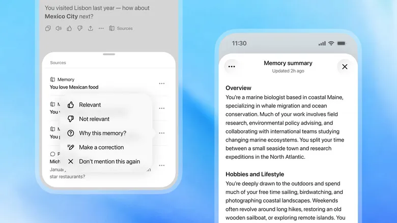 A screenshot of the ChatGPT mobile app showing the new Memory summary and sources features.