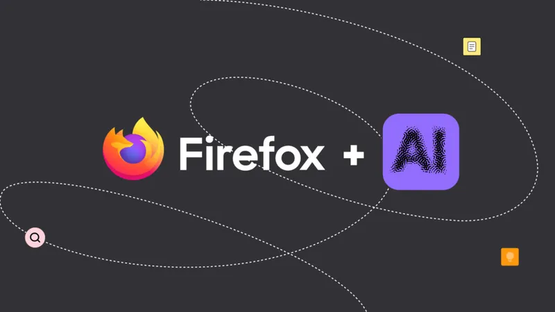 Firefox logo next to a purple square labeled “AI” on a dark background with curved dotted lines and small icon illustrations.