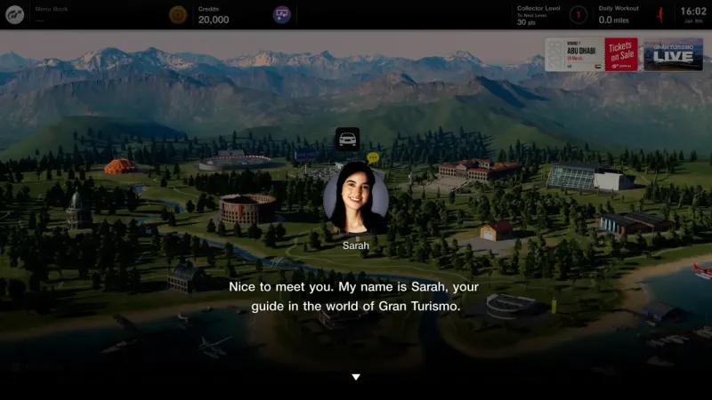 A woman's face addressing the player in Gran Turismo 7