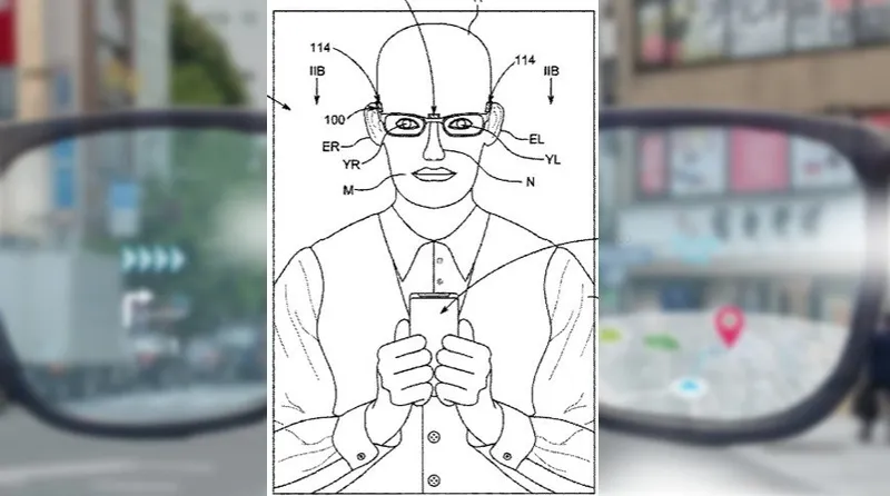 Patent-style sketch of a person wearing smart glasses and holding a smartphone, overlaid on a blurred city street viewed through eyeglass lenses with digital navigation icons